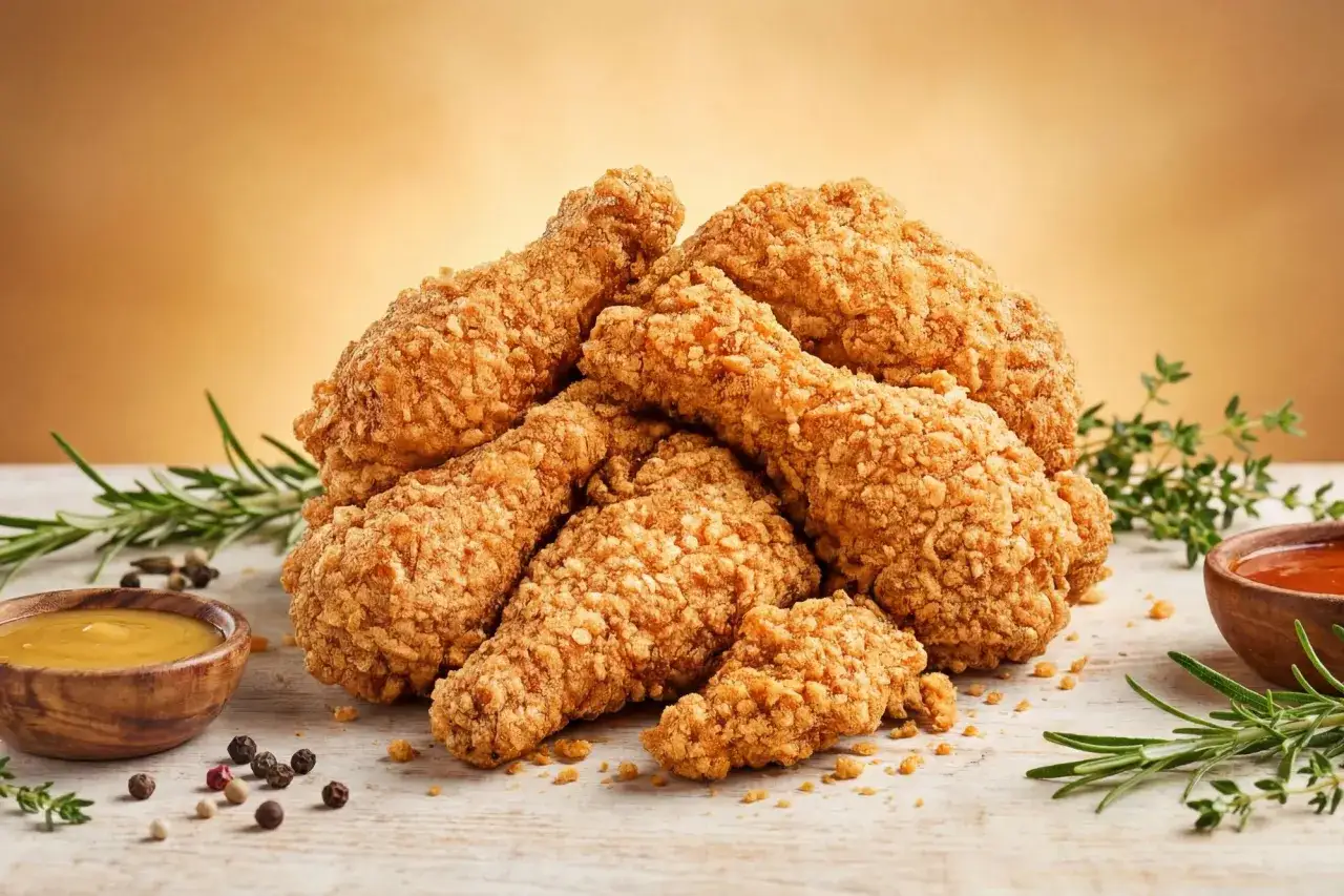 Un tas de délicieux nuggets maison dorés et croustillants, accompagnés de sauces et d'herbes fraîches.