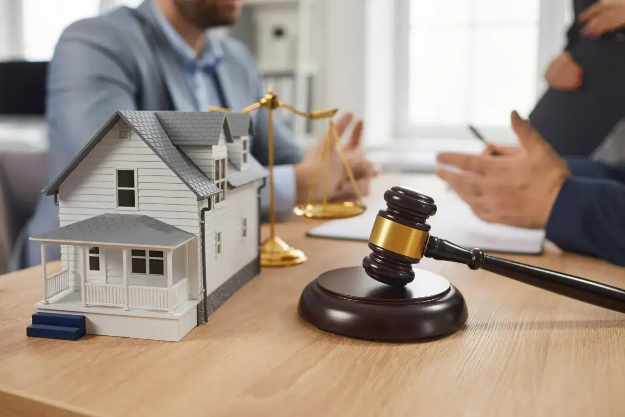 Maqueta de casa, mazo de juez y balanza de la justicia, elementos clave en un proceso legal inmobiliario. art 19 lau.