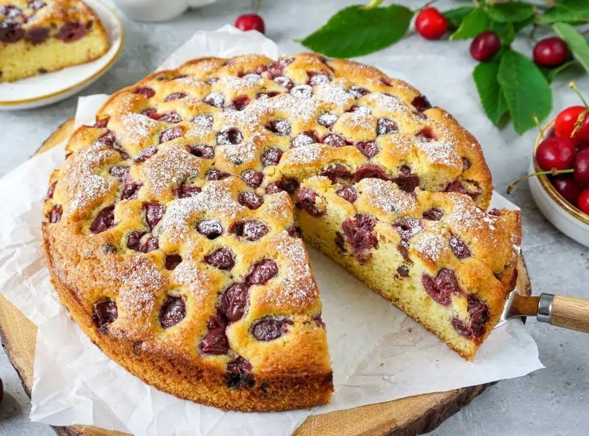 Saftiger Kirschkuchen, bestäubt mit Puderzucker, mit vielen Kirschen. Ein Stück wurde bereits herausgeschnitten.