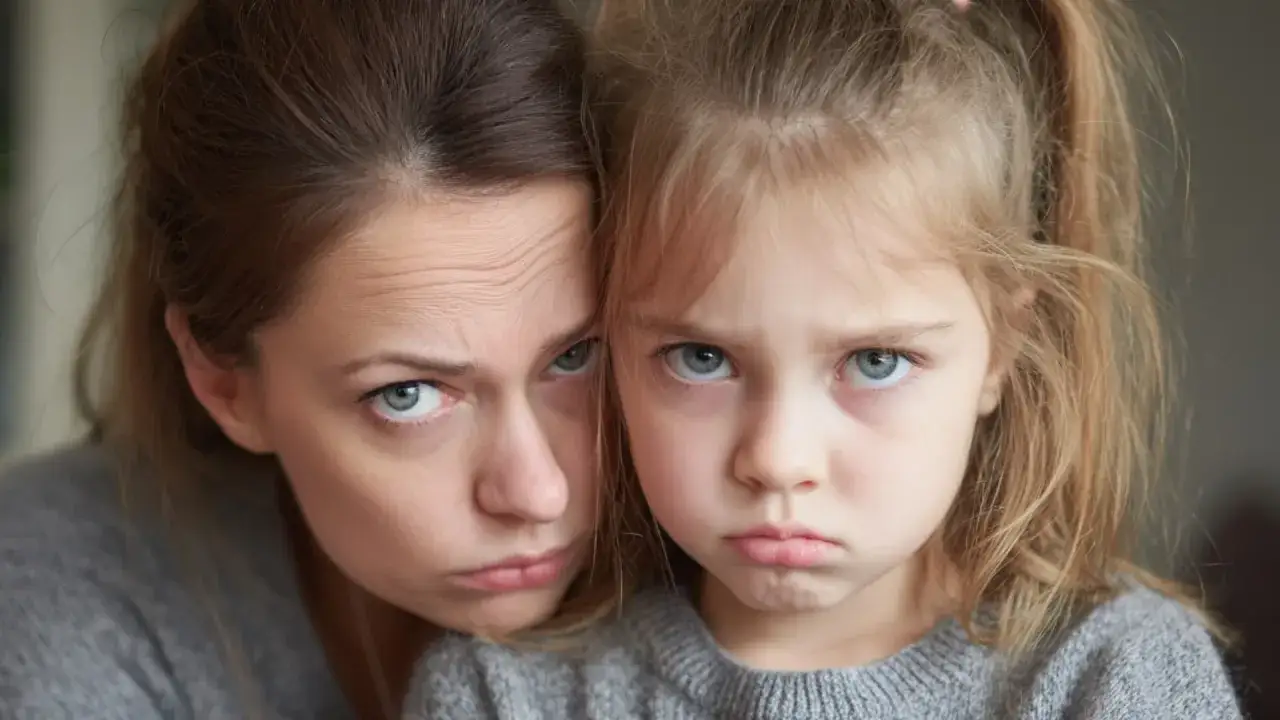 Madre e hija con caras de enfado, reflejando los terribles 3 años. Ambas miran fijamente con el ceño fruncido.