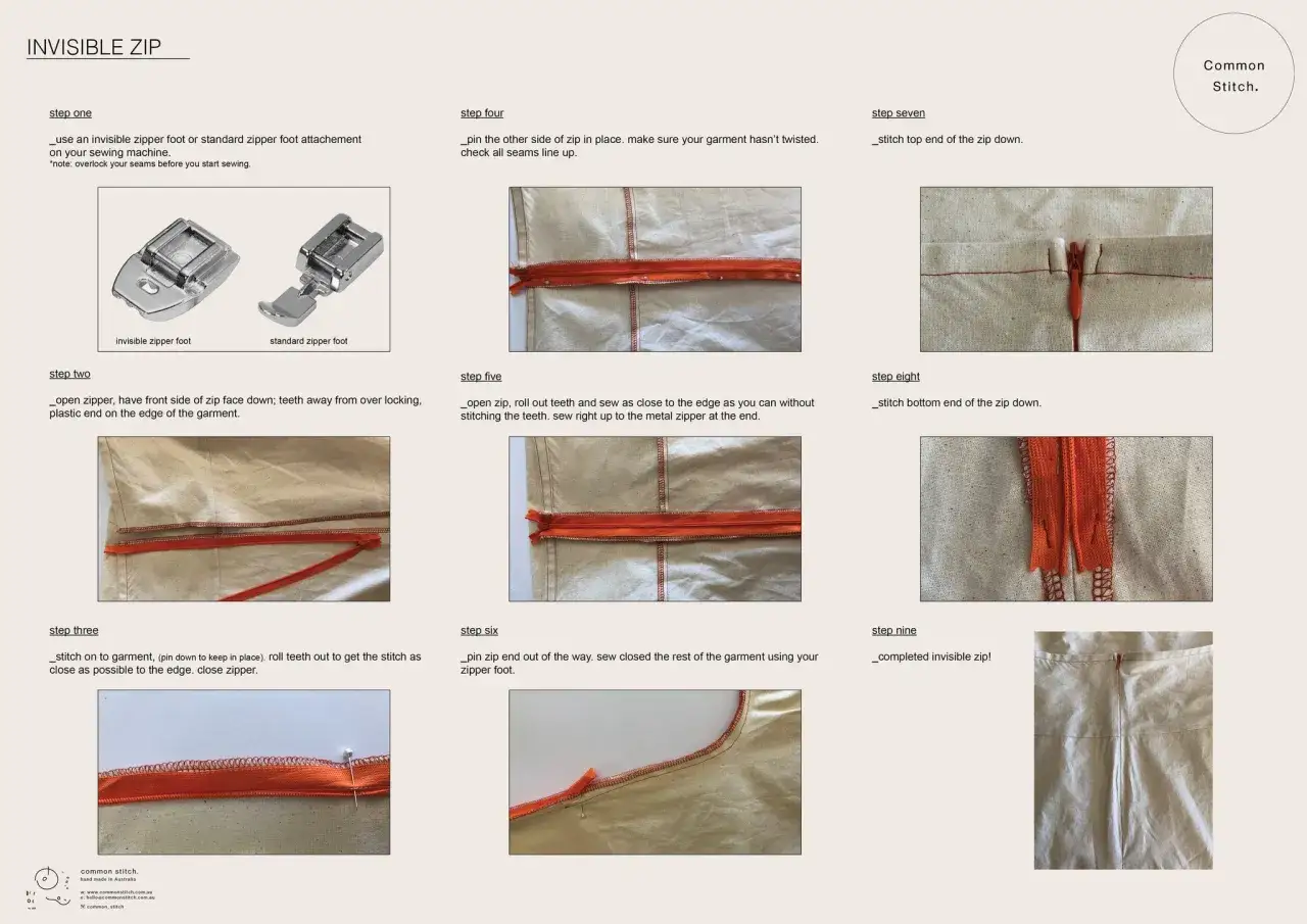 Sewing an invisible zipper: step-by-step guide showing zipper feet, pinning, and stitching to create a centered zipper.