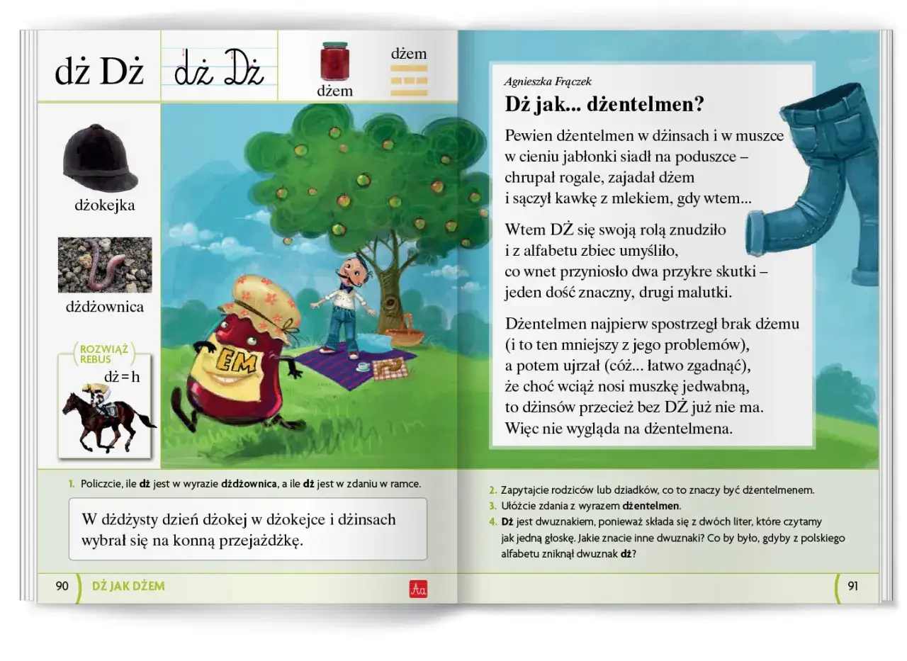 Dż jak dżem i dżentelmen. Na ilustracji dżdżownica, dżokejka i dżem. Dwuznaki wyrazy na dź.