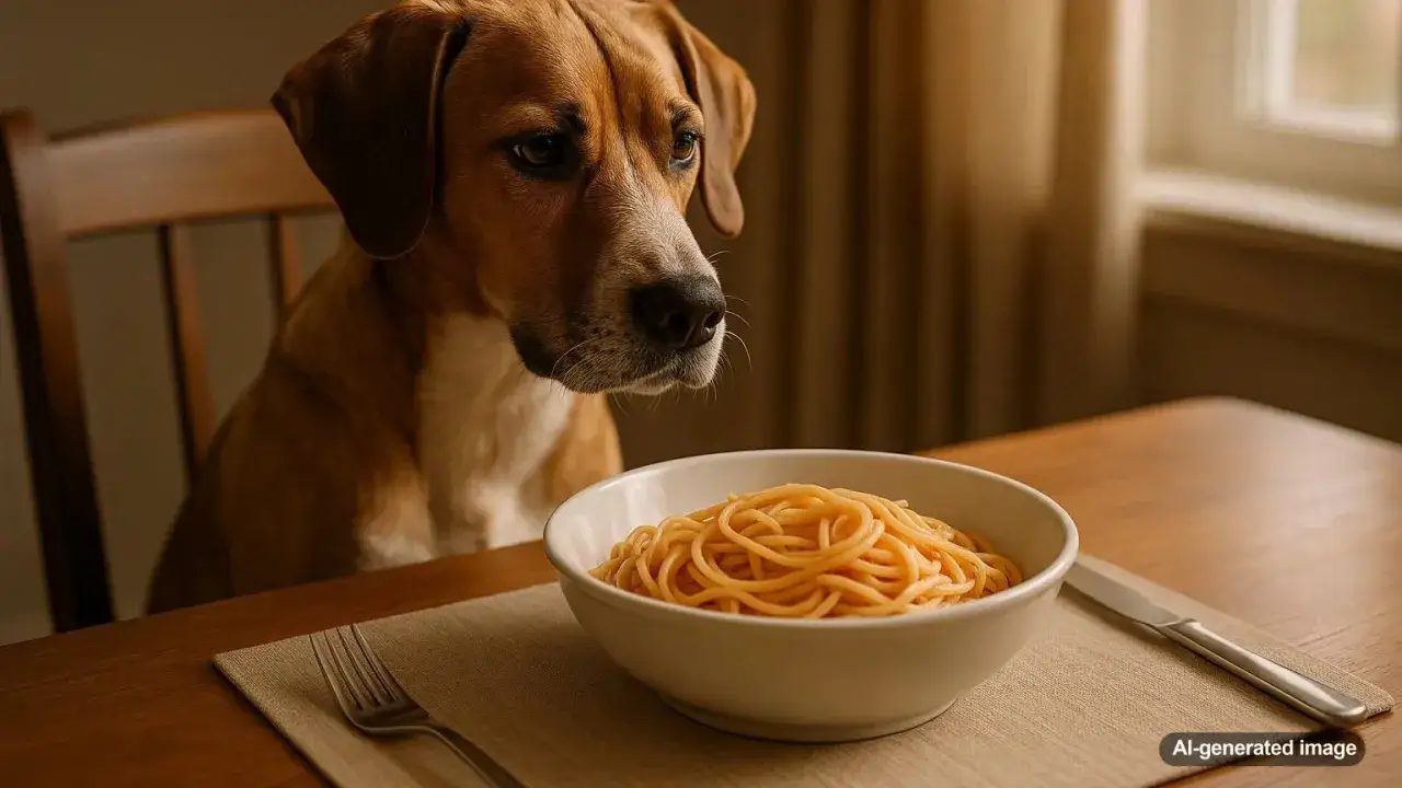A dog sits at a table, eyeing a bowl of spaghetti. The question 