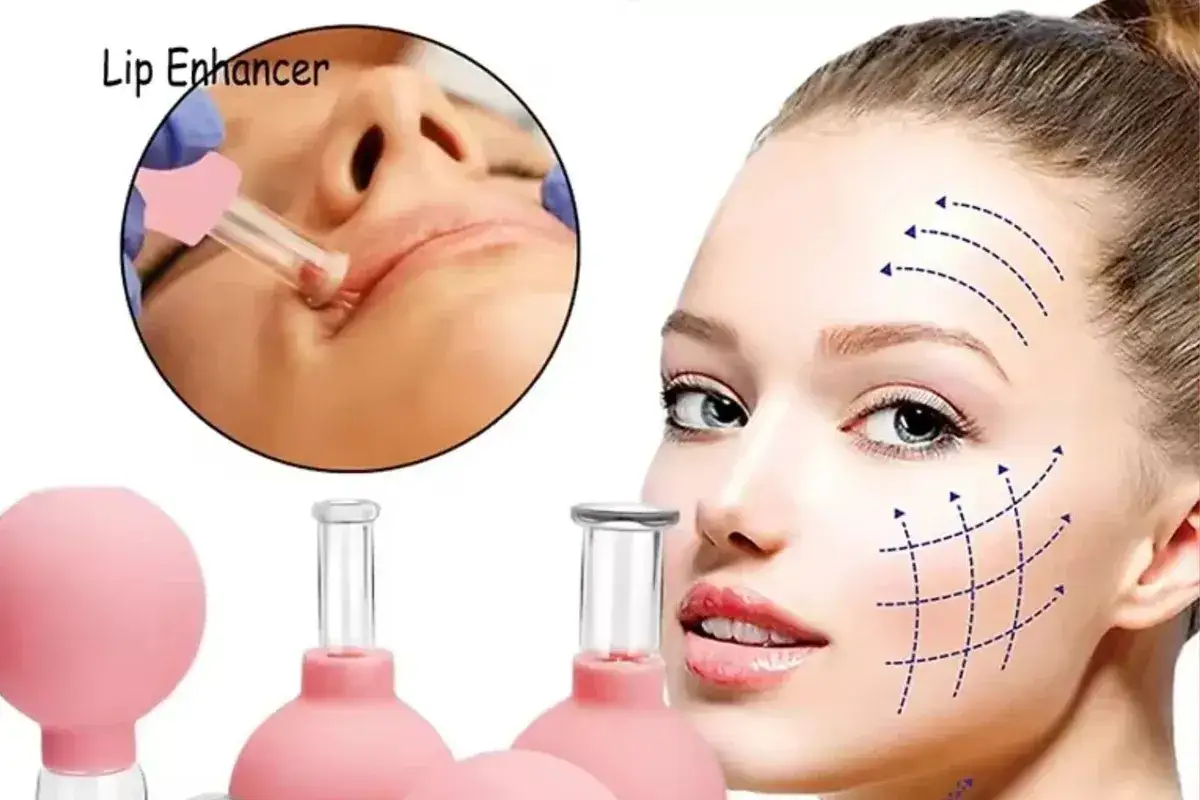 Appareil pour repulper son visage et ses lèvres. Des ventouses roses et un outil pour les lèvres sont montrés.