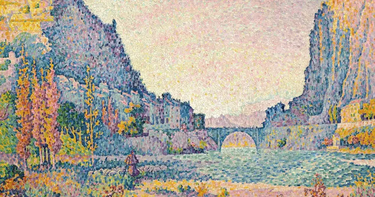 Un peintre pointilliste capture un paysage fluvial avec un pont, des montagnes et un berger menant son troupeau.