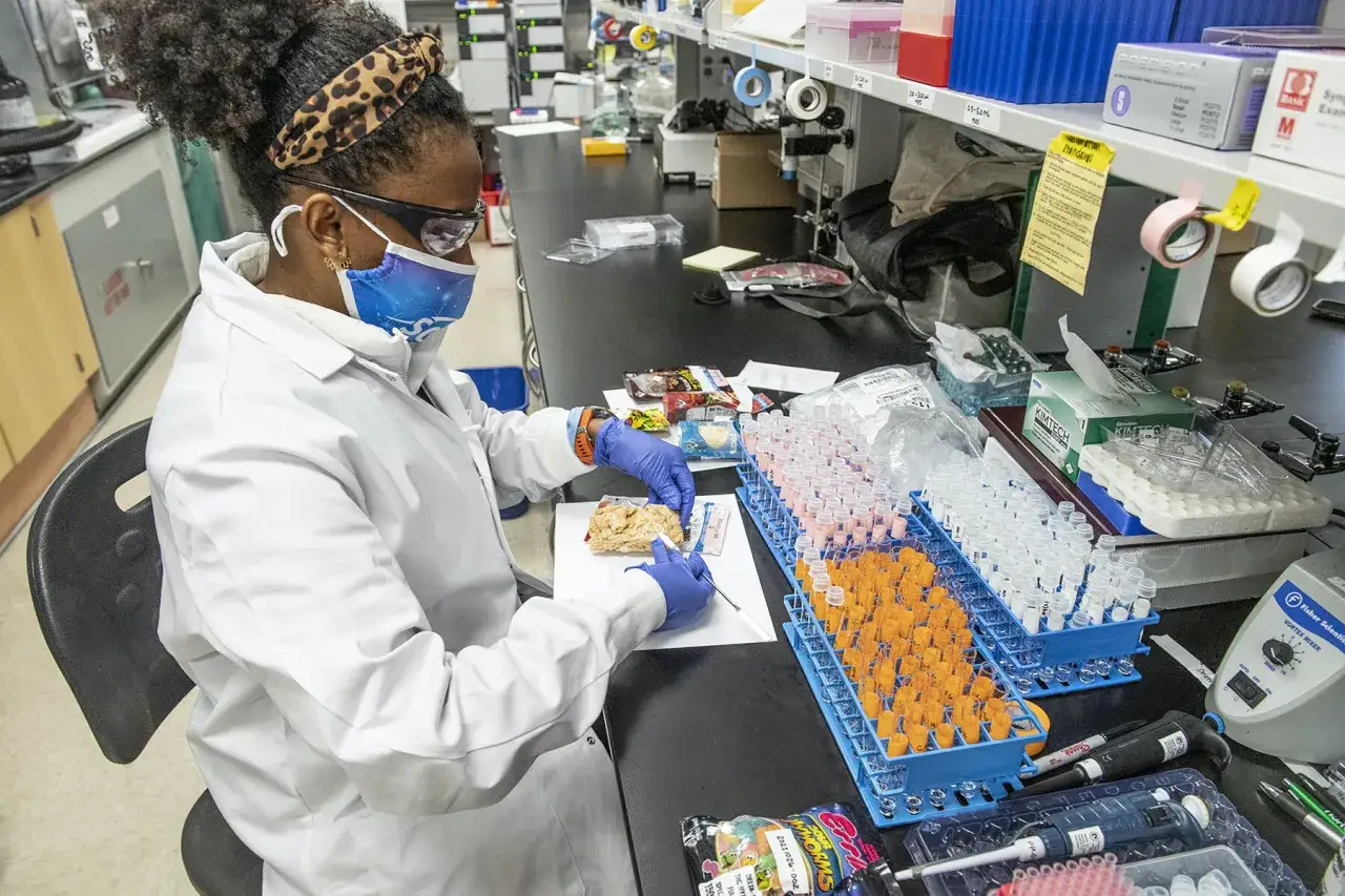 Wissenschaftlerin im Labor untersucht Proben, während auf dem Tisch auch Snacks liegen, die an Hanf Gummibärchen Erfahrungen erinnern.