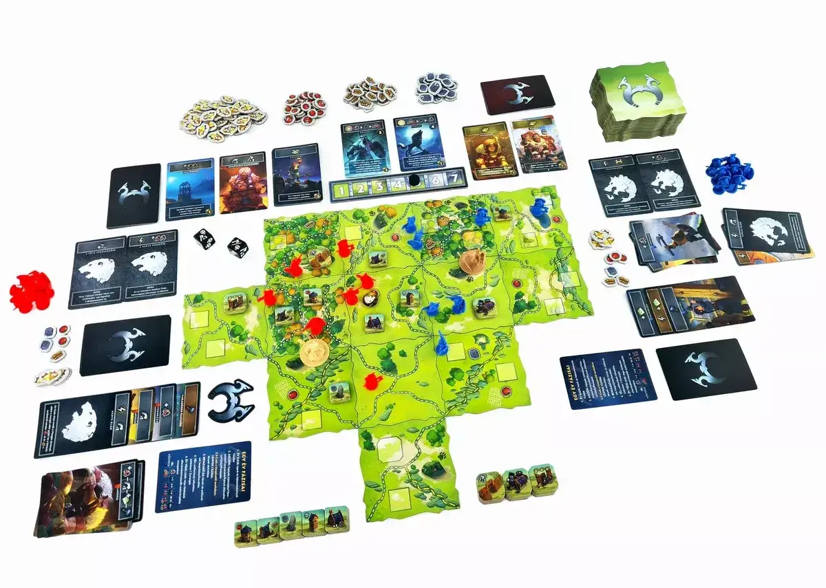 Plansza do gry **Northgard: Niezbadane ziemie** z kartami, żetonami i figurkami.
