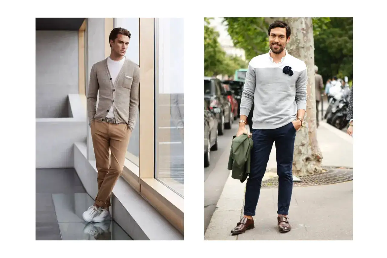 Deux hommes &eacute;l&eacute;gants montrent pourquoi bien s'habiller au travail est important. L'un porte un cardigan beige, l'autre un pull gris.