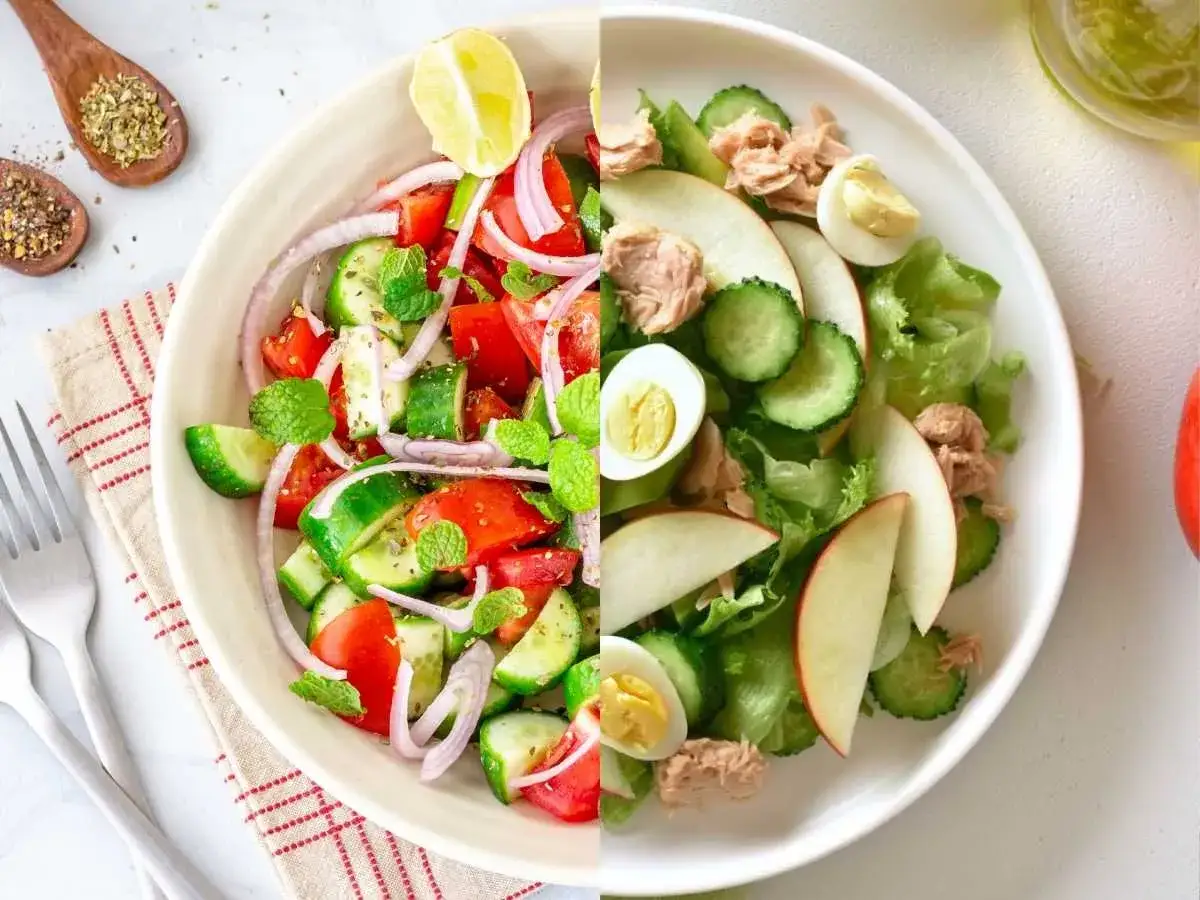 Ensalada fresca con pepino, tomate, cebolla y menta. A la derecha, otra con atún, huevo y manzana. Es bueno comer pepino por la noche.