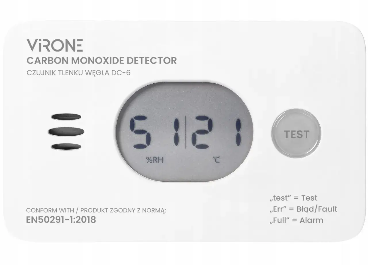 Czujnik czadu piszczy? Sprawdź wyświetlacz i przycisk TEST. Urządzenie VIRONI DC-6 pokazuje błąd lub alarm.