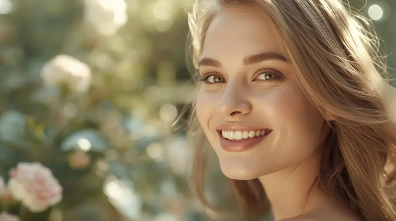 Uśmiechnięta blondynka w otoczeniu kwiatów. Naturalny makijaż podkreśla jej urodę, pokazując, jak ładnie wyglądać w słońcu.