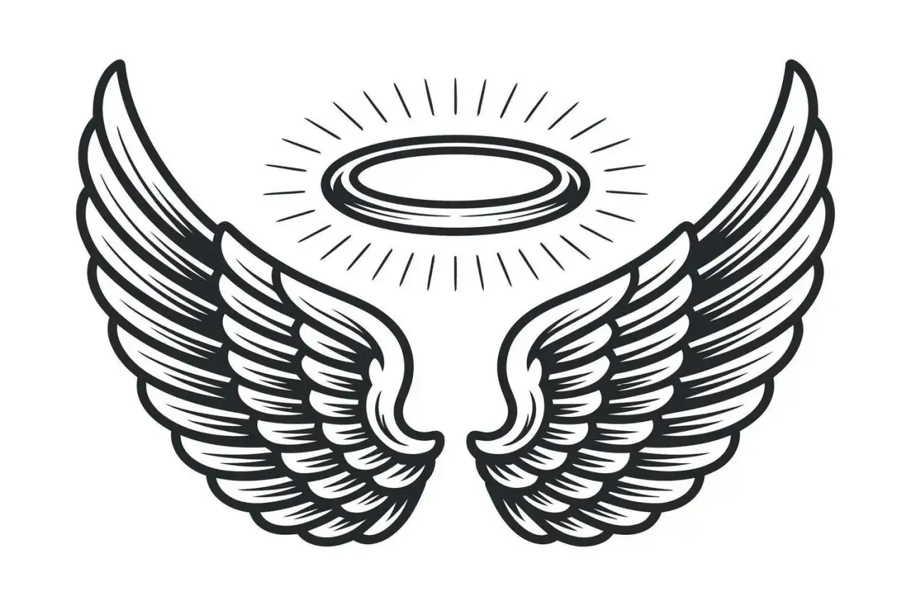 Ailes d'ange stylis&eacute;es et une aur&eacute;ole lumineuse, symbolisant la puret&eacute; et la protection c&eacute;leste. L'aur&eacute;ole ange signification est ici repr&eacute;sent&eacute;e par ces &eacute;l&eacute;ments.