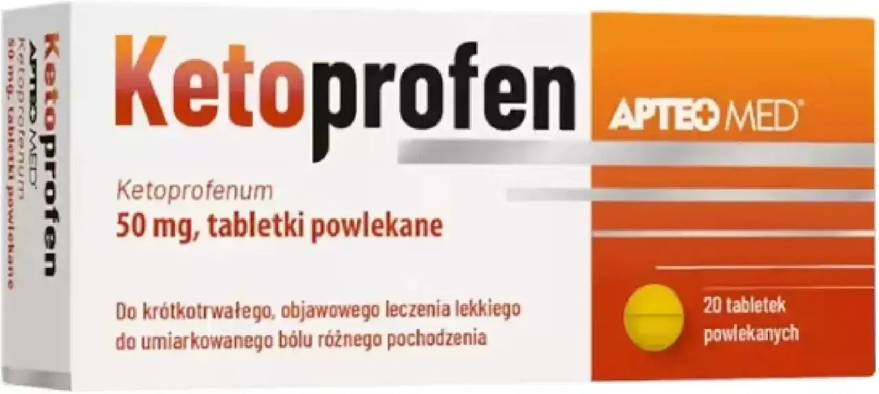 Opakowanie leku Ketoprofenum 50 mg, tabletki powlekane. Pomaga na ból różnego pochodzenia.