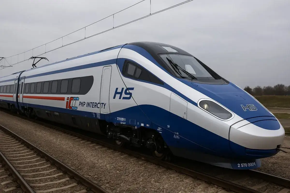 Nowoczesny pociąg PKP Intercity HS na torach. To znaczy szybka podróż po Polsce!