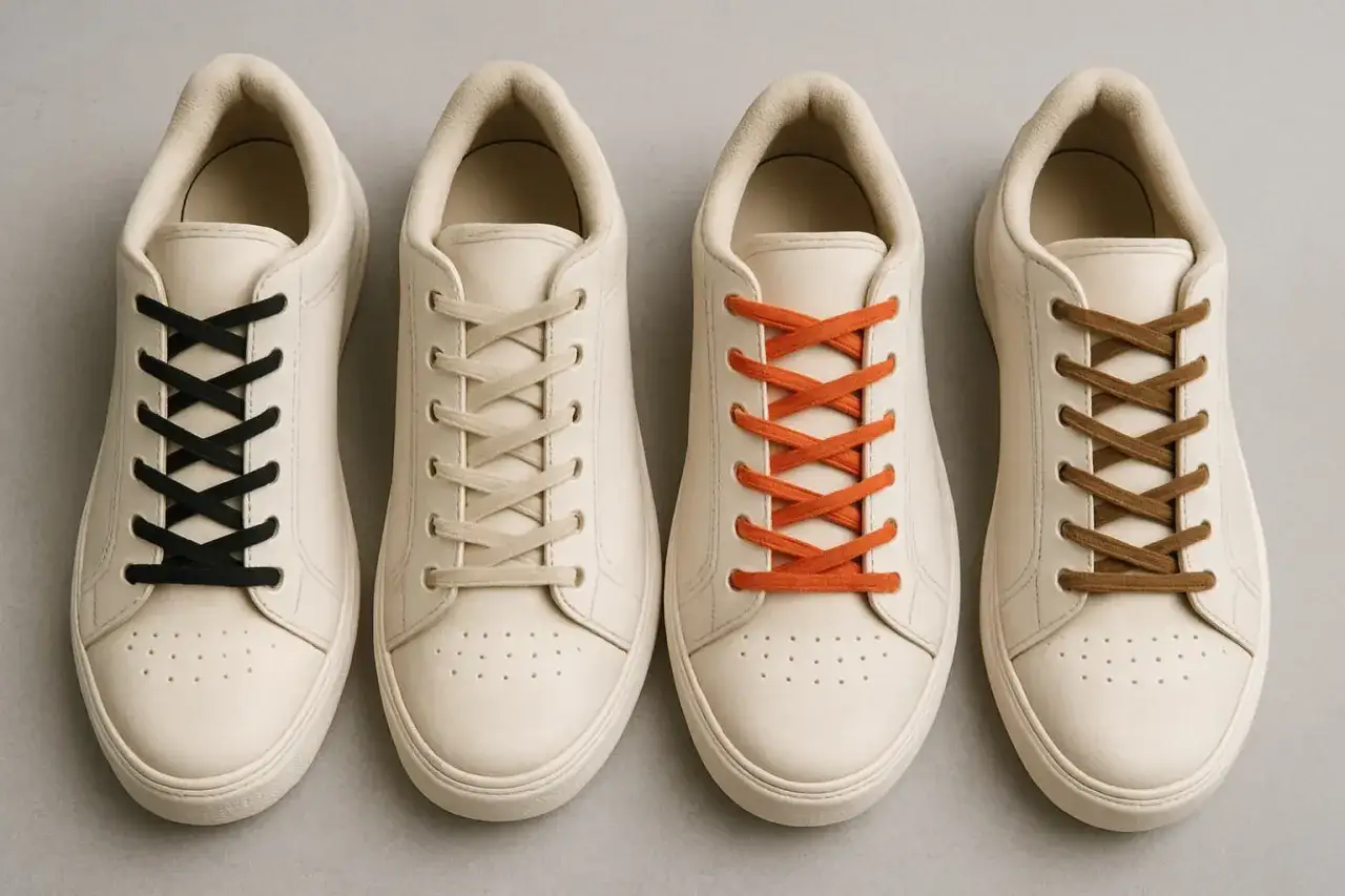 Quattro paia di scarpe bianche con lacci di diversi colori: nero, beige, arancione e marrone. Un modo per imparare come allacciare le scarpe.