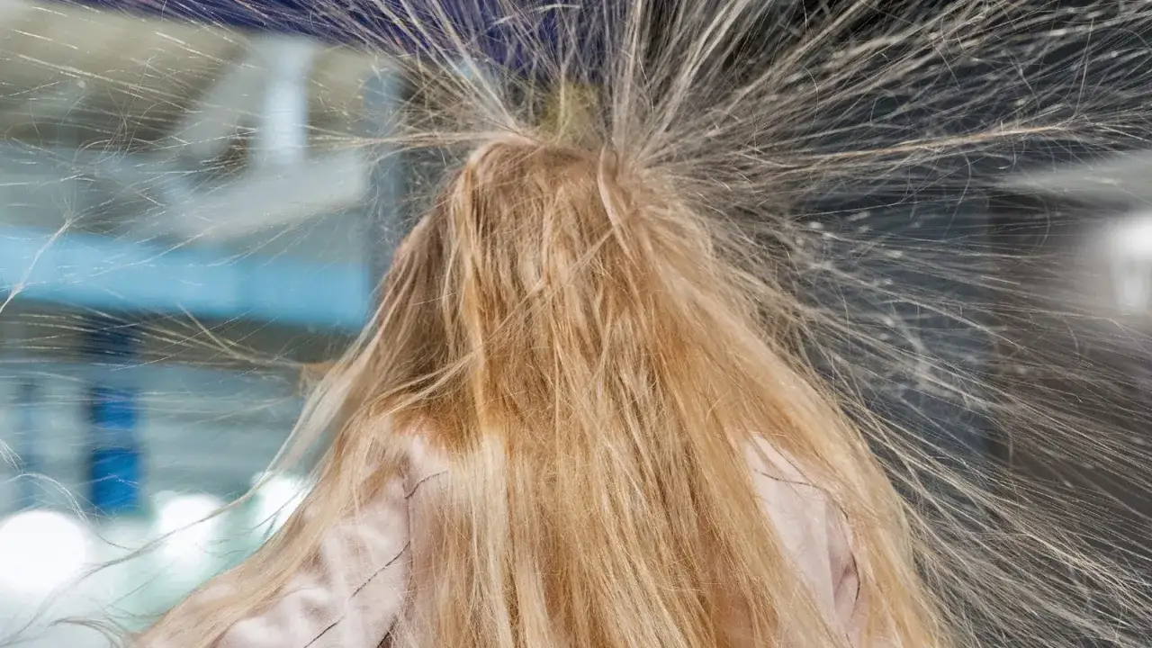 Blondes Haar steht elektrisch aufgeladen ab wie ein Igel.