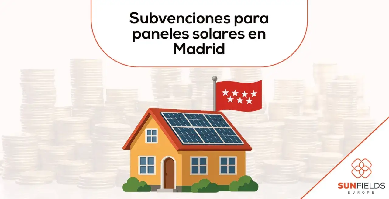 Casa con paneles solares y bandera de Madrid, rodeada de pilas de monedas. Informaci&oacute;n sobre ayudas renovables Madrid.