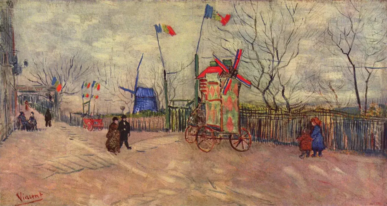 Van Goghs Paris: En f&auml;rgglad vagn med v&auml;derkvarnar och flaggor p&aring; en dammig v&auml;g.