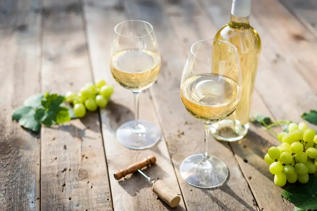 Dwa kieliszki orzeźwiającego gruner veltliner wino, butelka i kiście winogron na drewnianym stole. Idealne na letni wiecz&oacute;r.