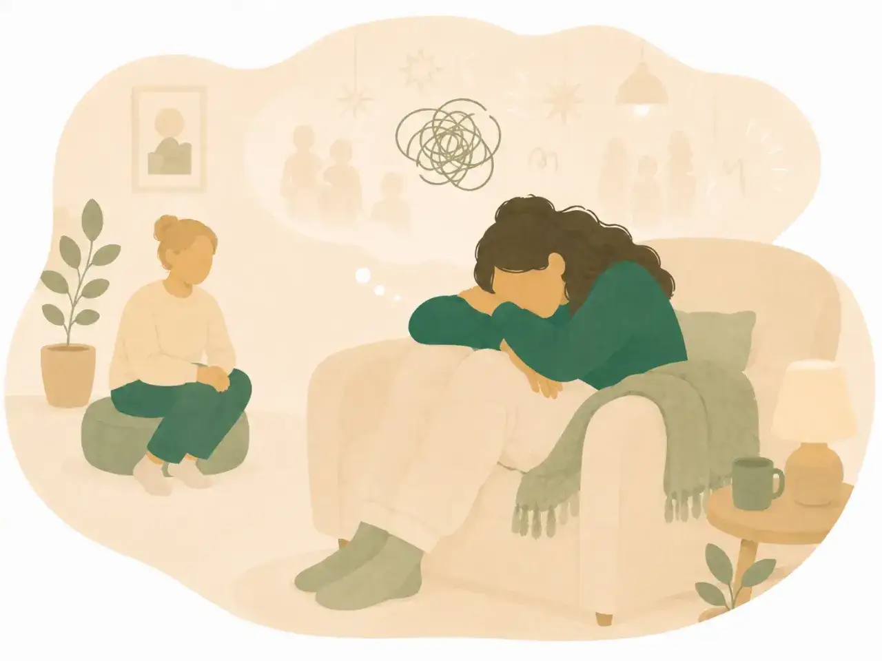 En person sitter i en f&aring;t&ouml;lj, djupt f&ouml;rsjunken i tankar om sociala interaktioner och inre oro. En annan person sitter p&aring; en pall, som om de lyssnar. Bilden illustrerar bearbetningsfasen kris.