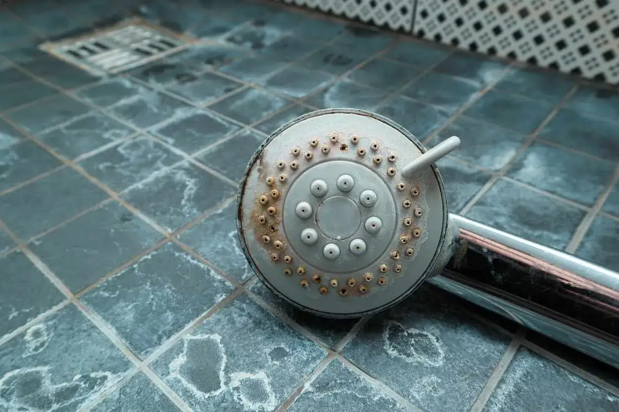 Pompa prysznicowa z kamieniem i rdzą na kafelkach łazienkowych. Czas na **nettoyer faience salle de bain**.