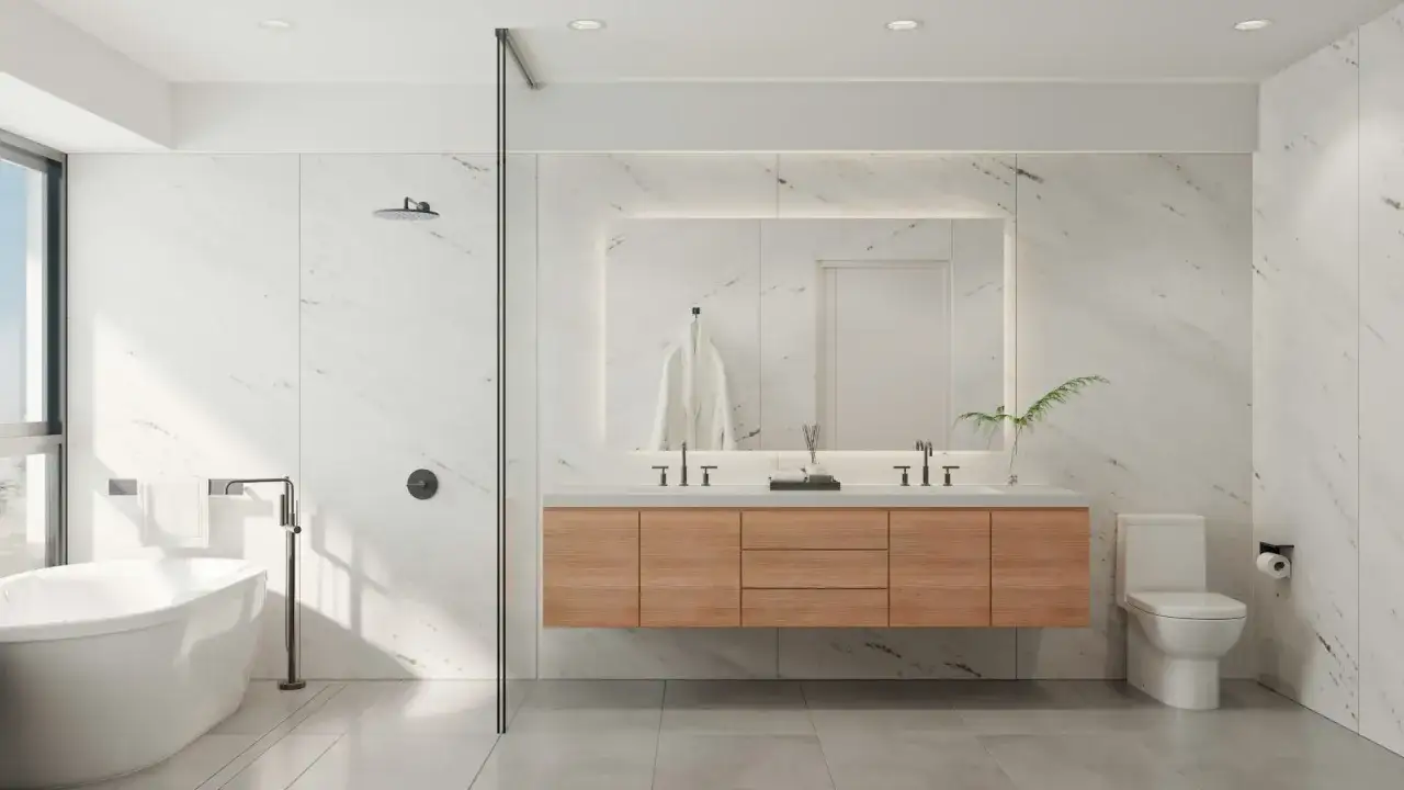 Elegantes cuartos de ba&ntilde;o modernos con ba&ntilde;era exenta, ducha de lluvia, tocador flotante de madera y m&aacute;rmol.