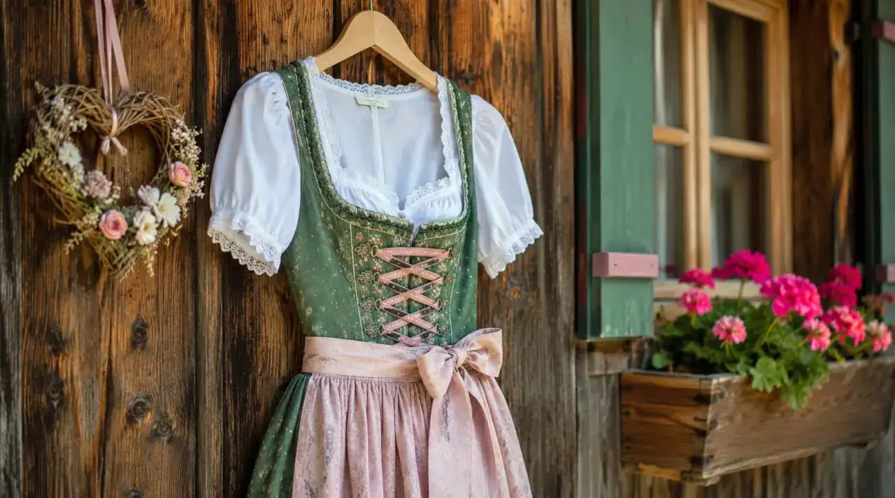 Ein gr&uuml;nes Dirndl aus &Ouml;sterreich mit rosa Schn&uuml;rung und Sch&uuml;rze, aufgeh&auml;ngt an einer Holzwand neben einem Fenster mit Geranien.