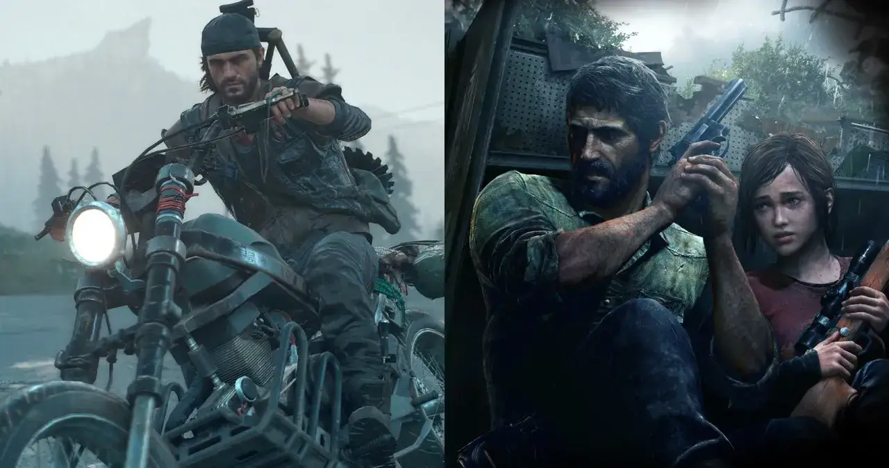 Dwaj bohaterowie, jeden na motocyklu, drugi z dziewczynką, przypominają gry podobne do The Last of Us.
