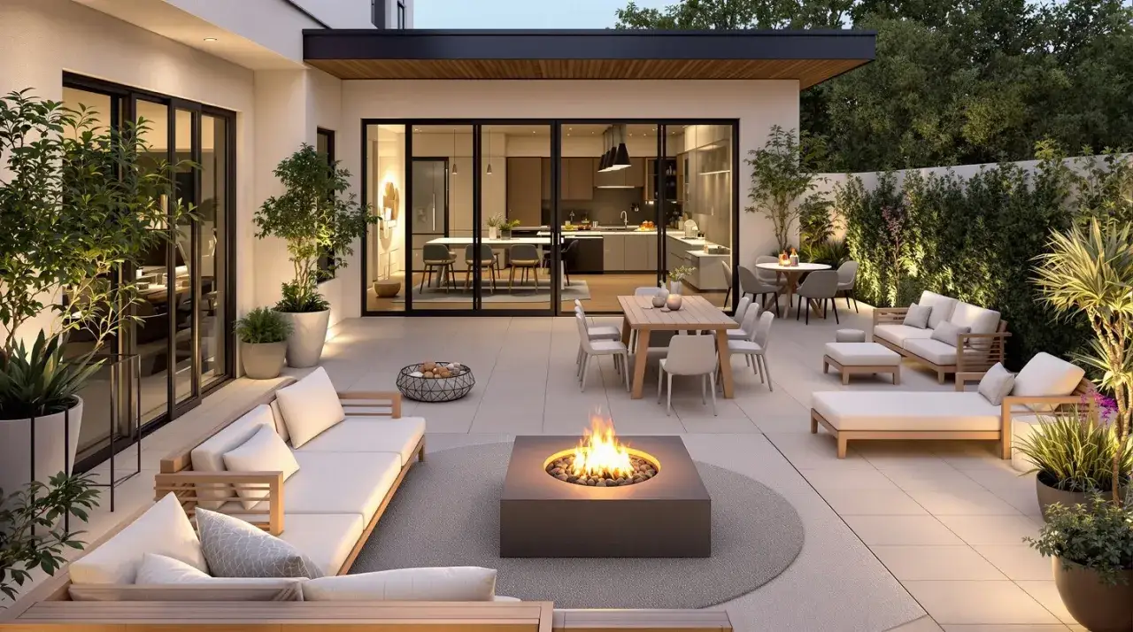 Une terrasse moderne avec salon, table &agrave; manger et brasero. L'&eacute;clairage d'ambiance met en valeur les plantes et cr&eacute;e une atmosph&egrave;re chaleureuse. Une belle id&eacute;e &eacute;clairage terrasse.