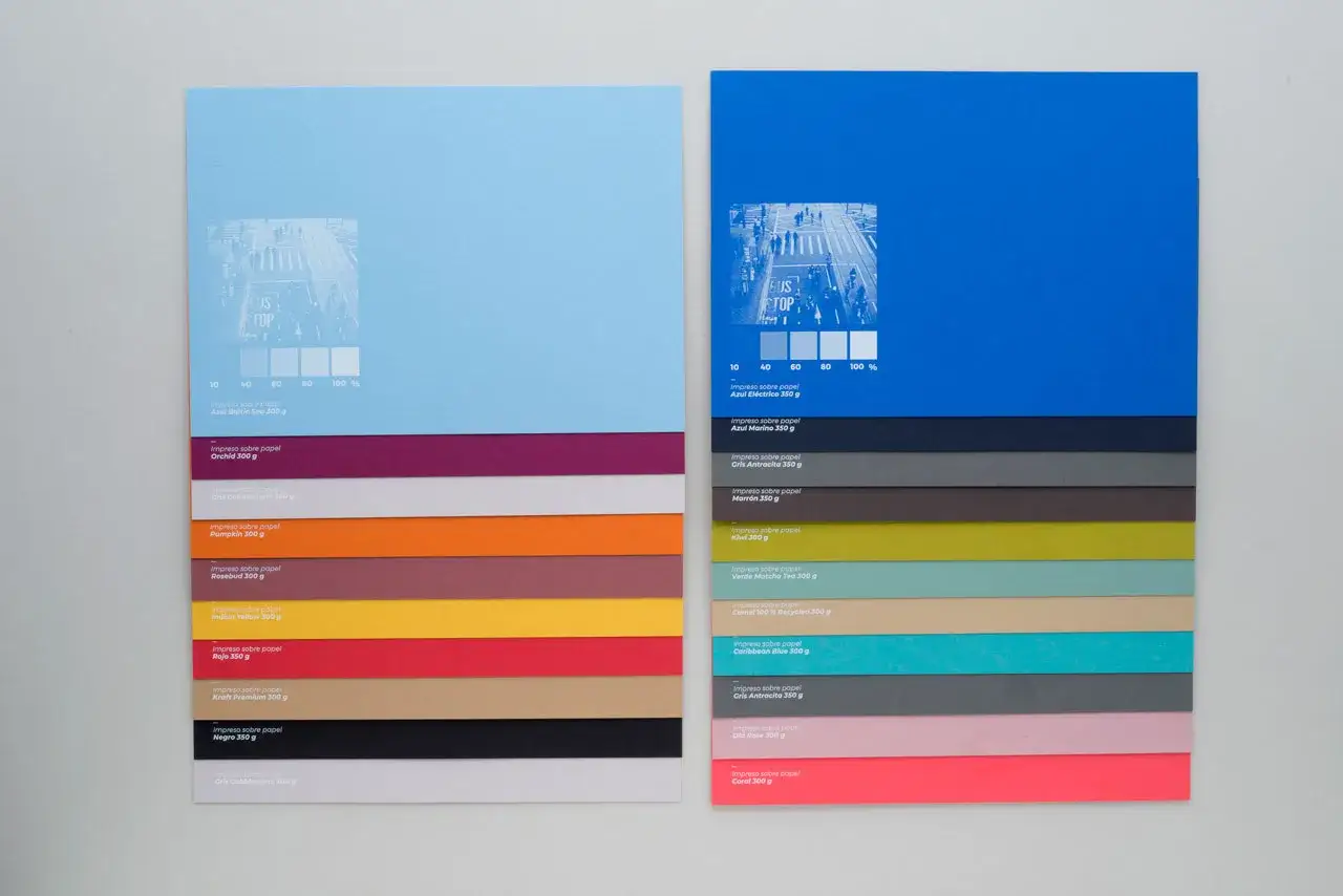 Muestras de papeles de colores con el mismo gramaje de 300 g/m&sup2;, mostrando la variedad de tonos y texturas.