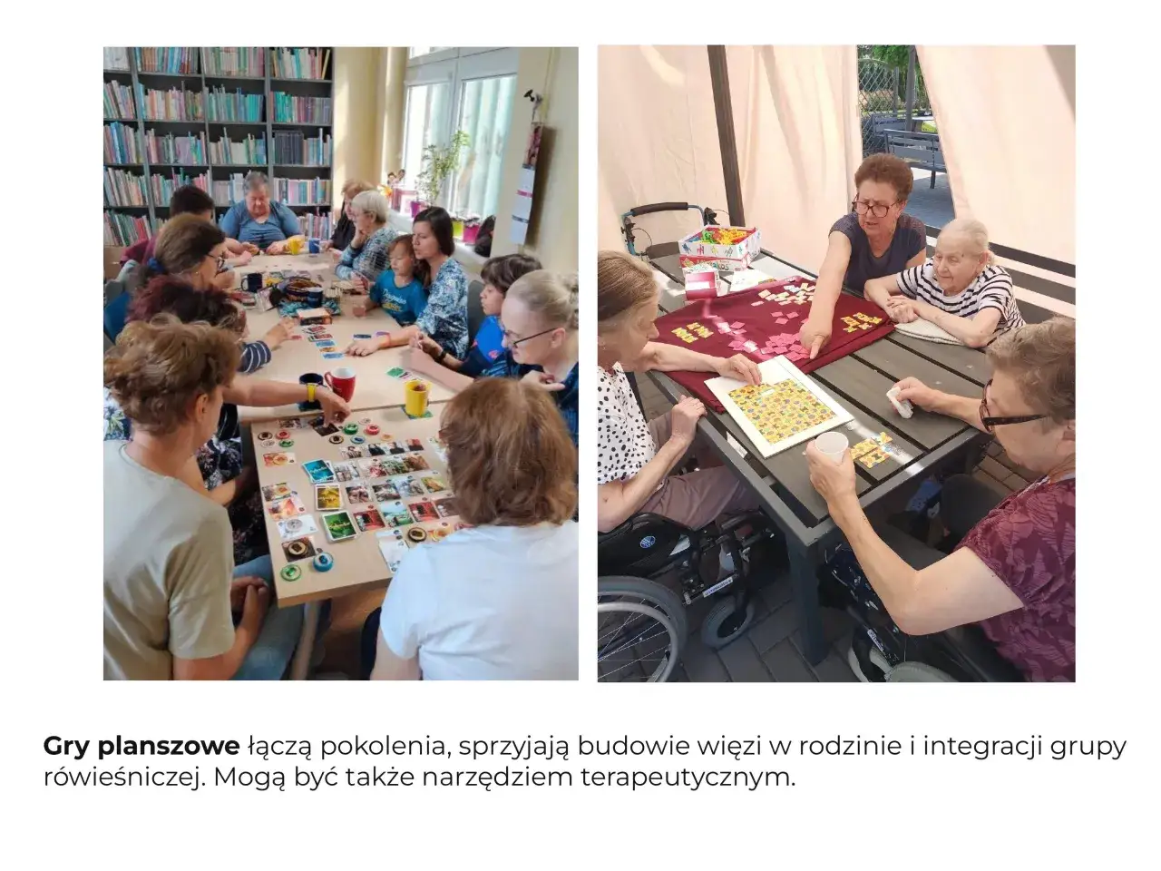 Grupa os&oacute;b, w tym seniorzy, gra w gry planszowe. To świetna gra dla senior&oacute;w, kt&oacute;ra integruje i buduje więzi.