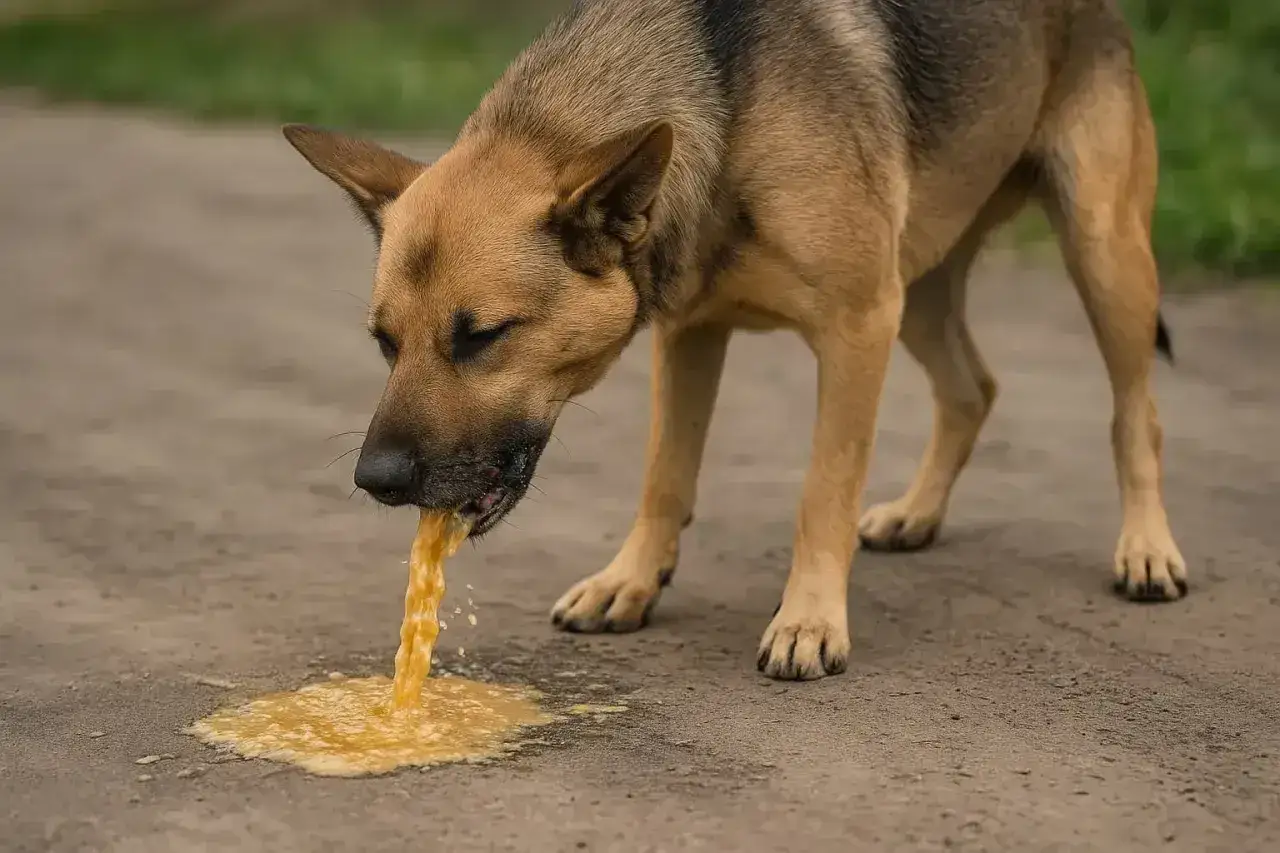 Pies wymiotuje wodą, wyglądając na chorego.
