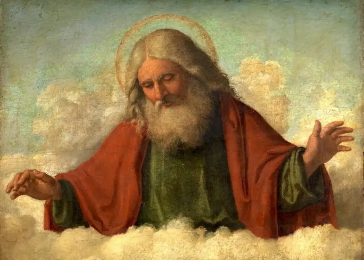 Bóg w chmurach, z aureolą, zamyślony, z wyciągniętymi dłońmi. Jak pogodzić wiarę w miłosierdzie z koncepcją kary za grzechy?