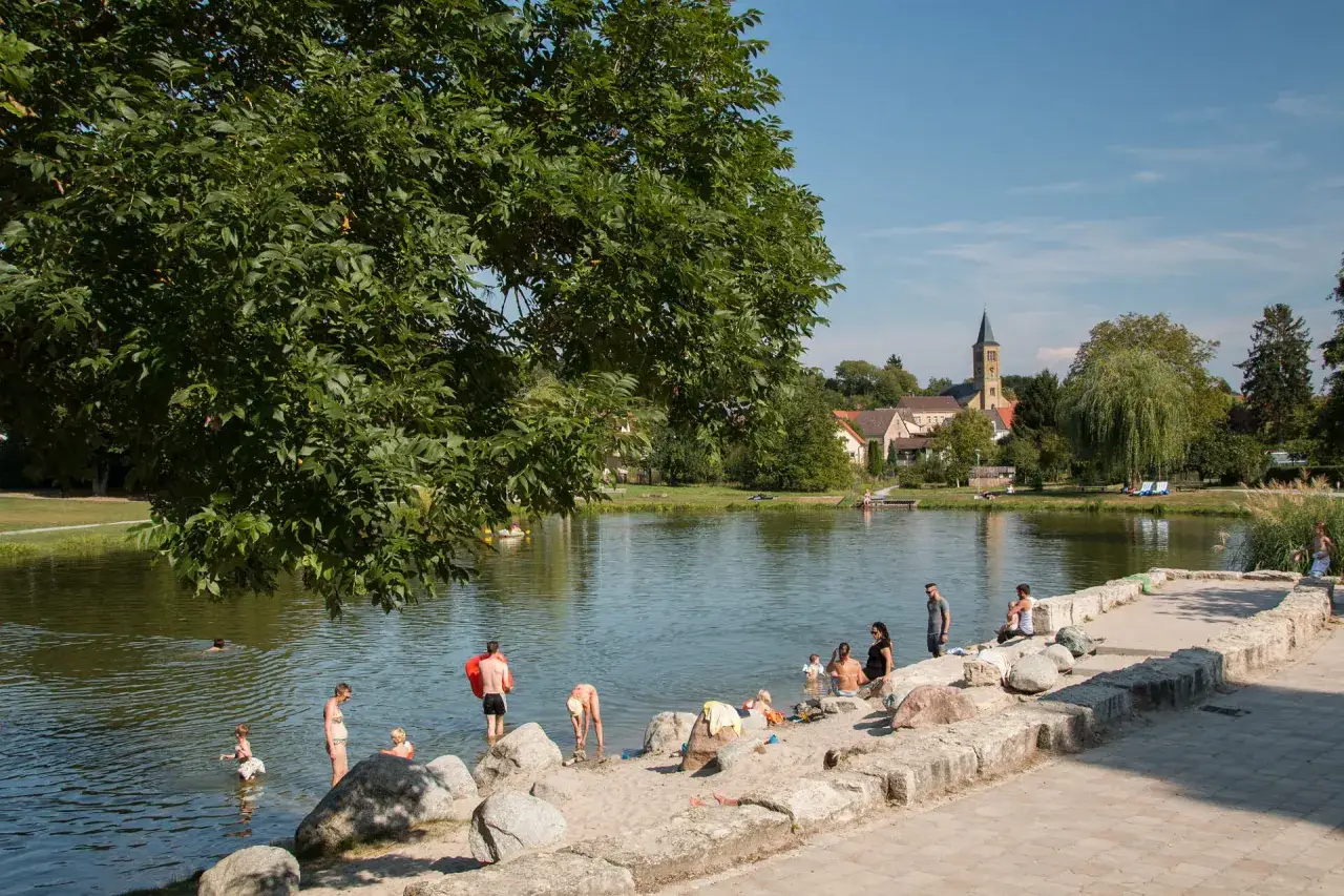 Menschen genie&szlig;en einen sonnigen Tag am Elsenzer See, baden und entspannen am Ufer.