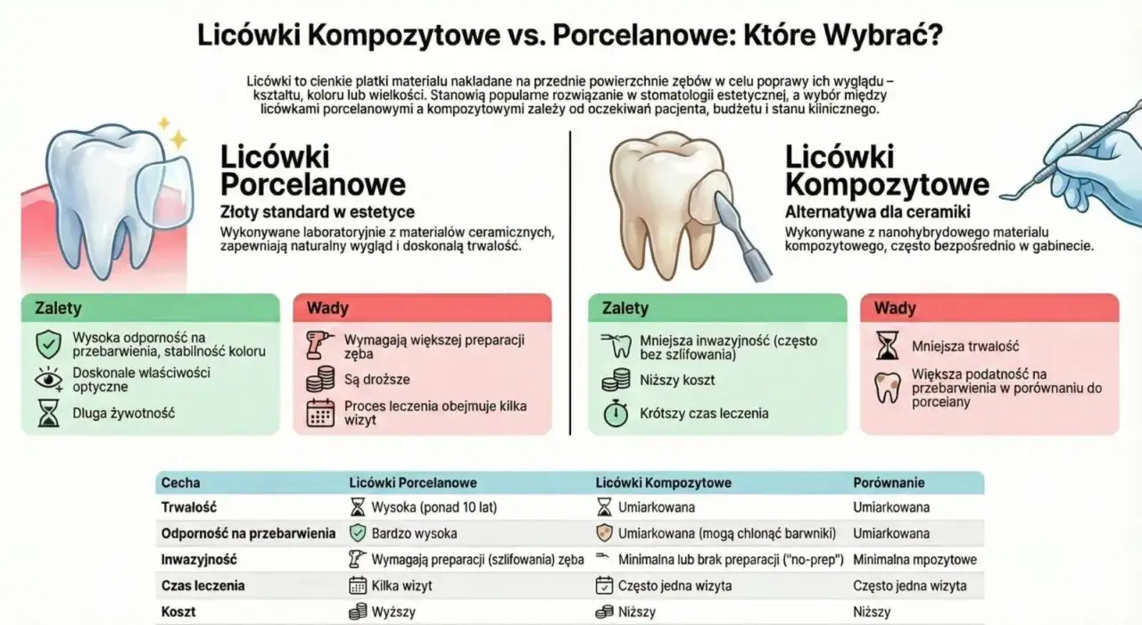 Porównanie licówek porcelanowych i kompozytowych. Czy licówki niszczą zęby? Kompozytowe są mniej inwazyjne, ale mniej trwałe.
