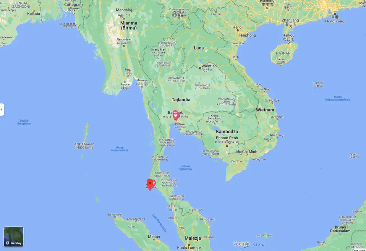 mapa Tajlandii z zaznaczonymi miastami Bangkok Chiang Mai Phuket Pattaya