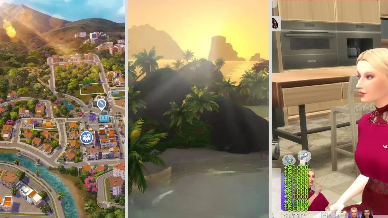 Trzy panele z gry Sims 4: mapa miasta, tropikalna wyspa i Simka w kuchni. Zapowiedź nowych **Sims 4 aktualizacje**.