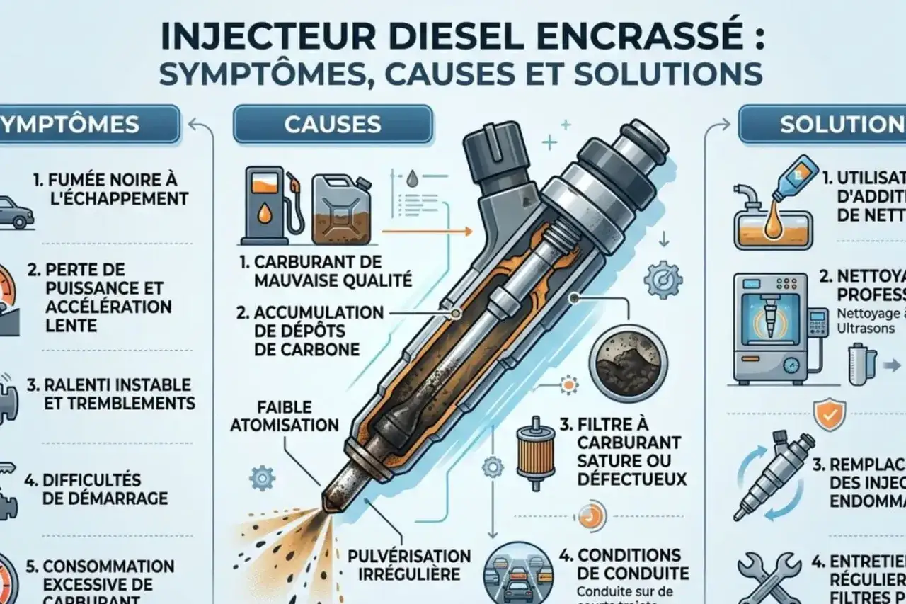 Schéma illustrant les symptômes, causes et solutions d'un injecteur diesel encrassé, avec un risque de colmatage dû à l'accumulation de dépôts.
