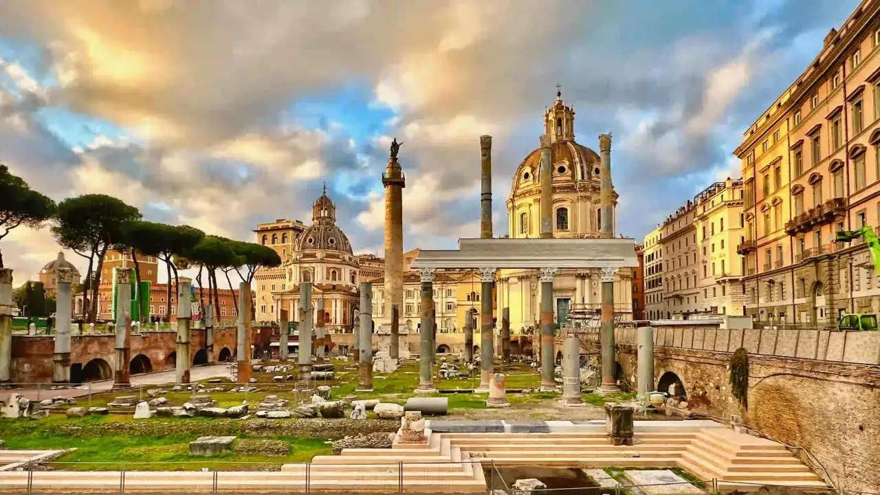 Ancient ruins and domes under a dramatic sky, a glimpse of Rome in one day.