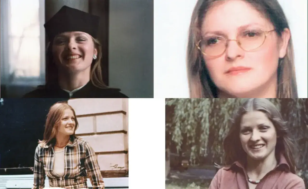 Krystyna Pawłowicz młoda w togach, okularach i swetrze w kratę. Uśmiechnięta, zamyślona, w r&oacute;żnych stylizacjach.