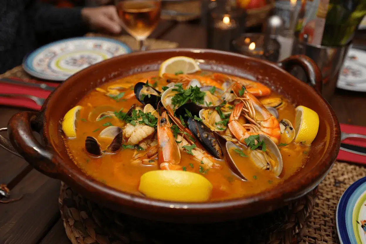 Deliciosa zarzuela de pescado con gambas, mejillones y almejas, adornada con limón y perejil.