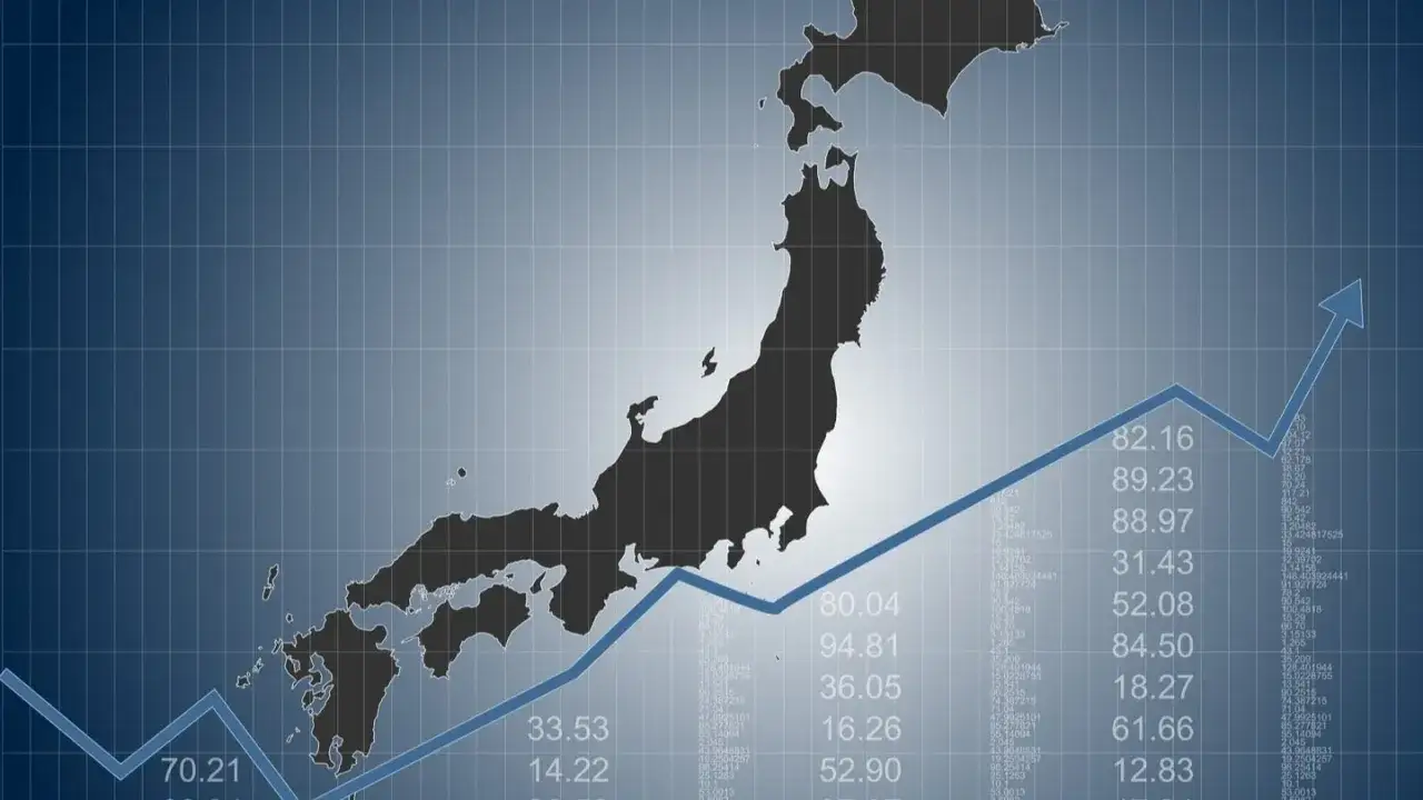 Wykres wzrostu na tle mapy Japonii. Strzałka wskazuje na pozytywne trendy na pko rynku japońskiego.