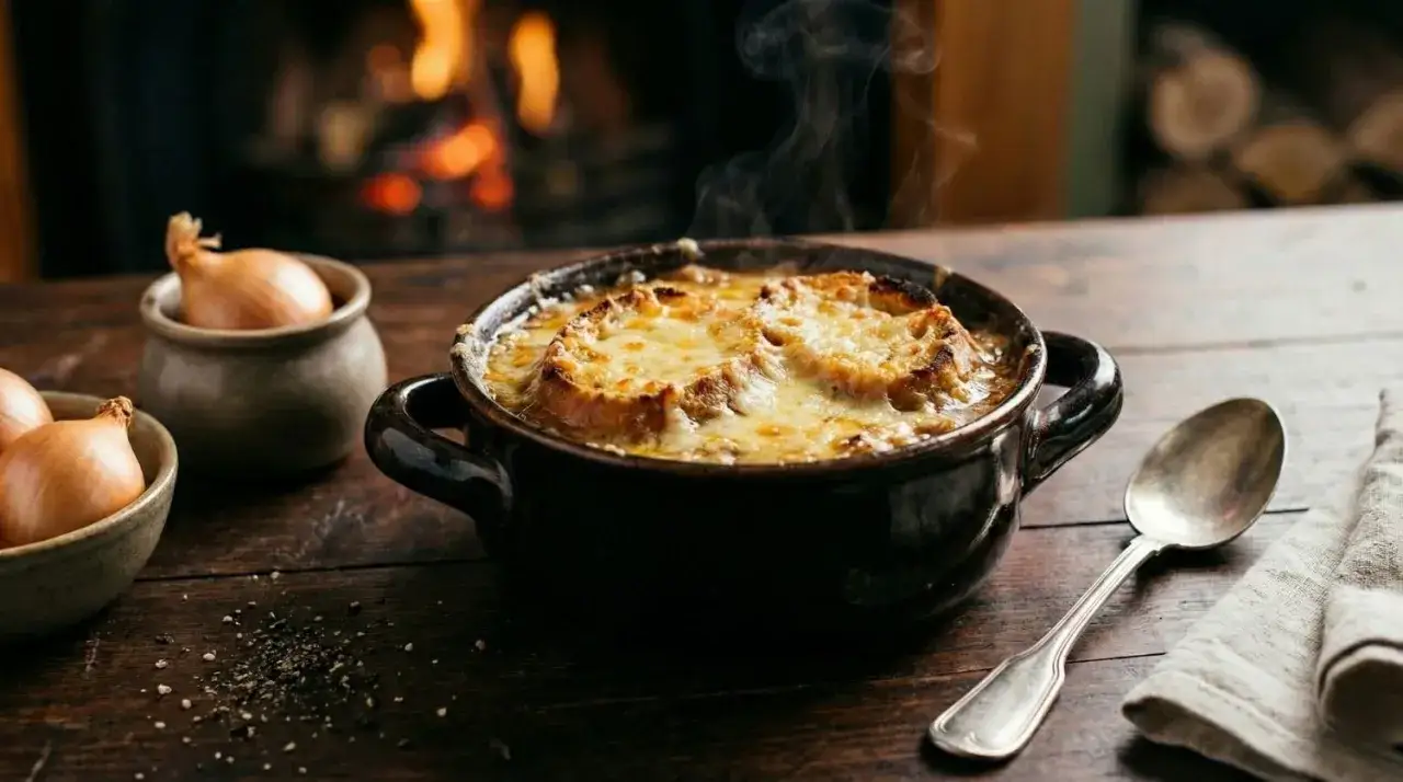 Un r&eacute;confortant bol de soupe &agrave; l'oignon gratin&eacute;e, fumant pr&egrave;s d'un feu de chemin&eacute;e. Des oignons bruts sont dispos&eacute;s &agrave; c&ocirc;t&eacute;.