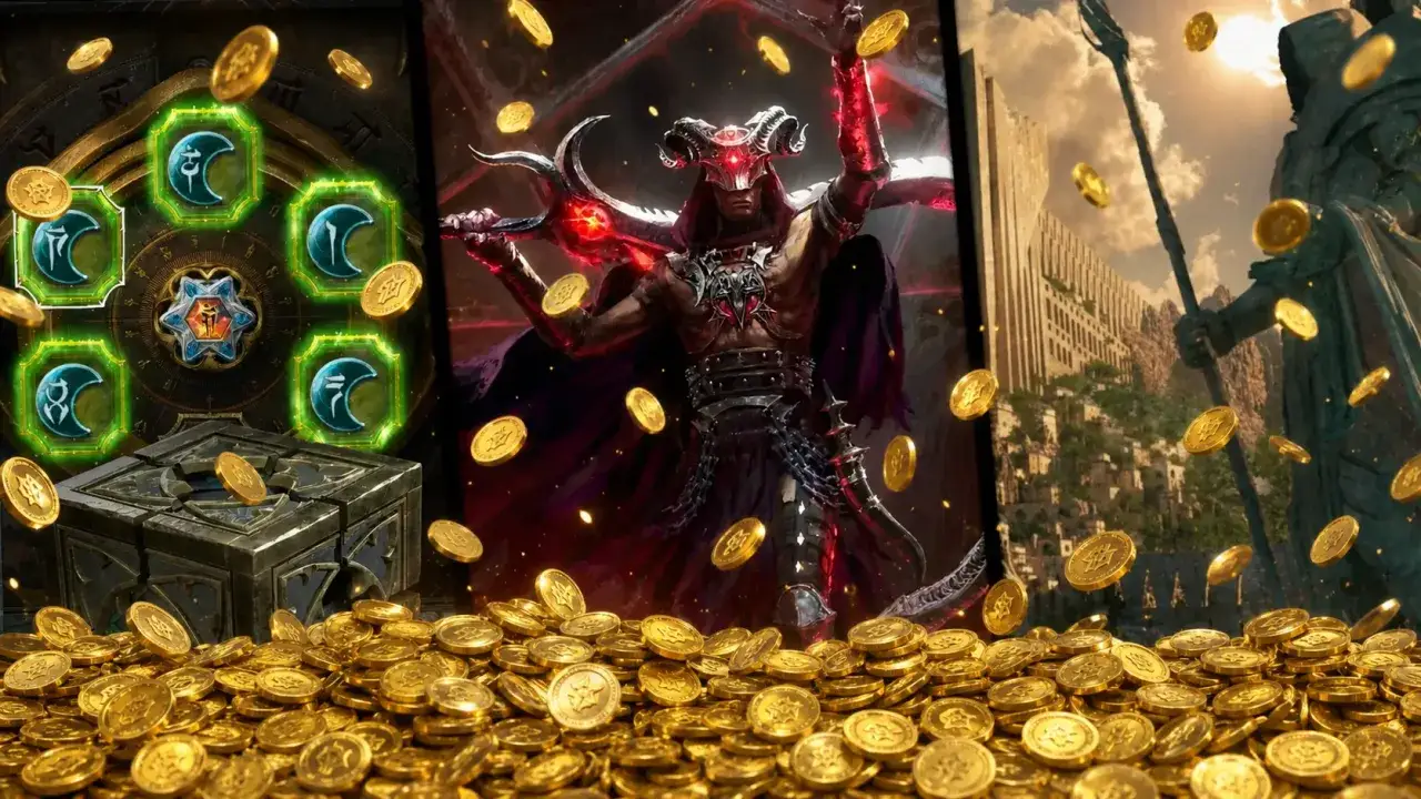 Złote obole Diablo 4 spadają na skrzynię skarbów i mrocznego demona.