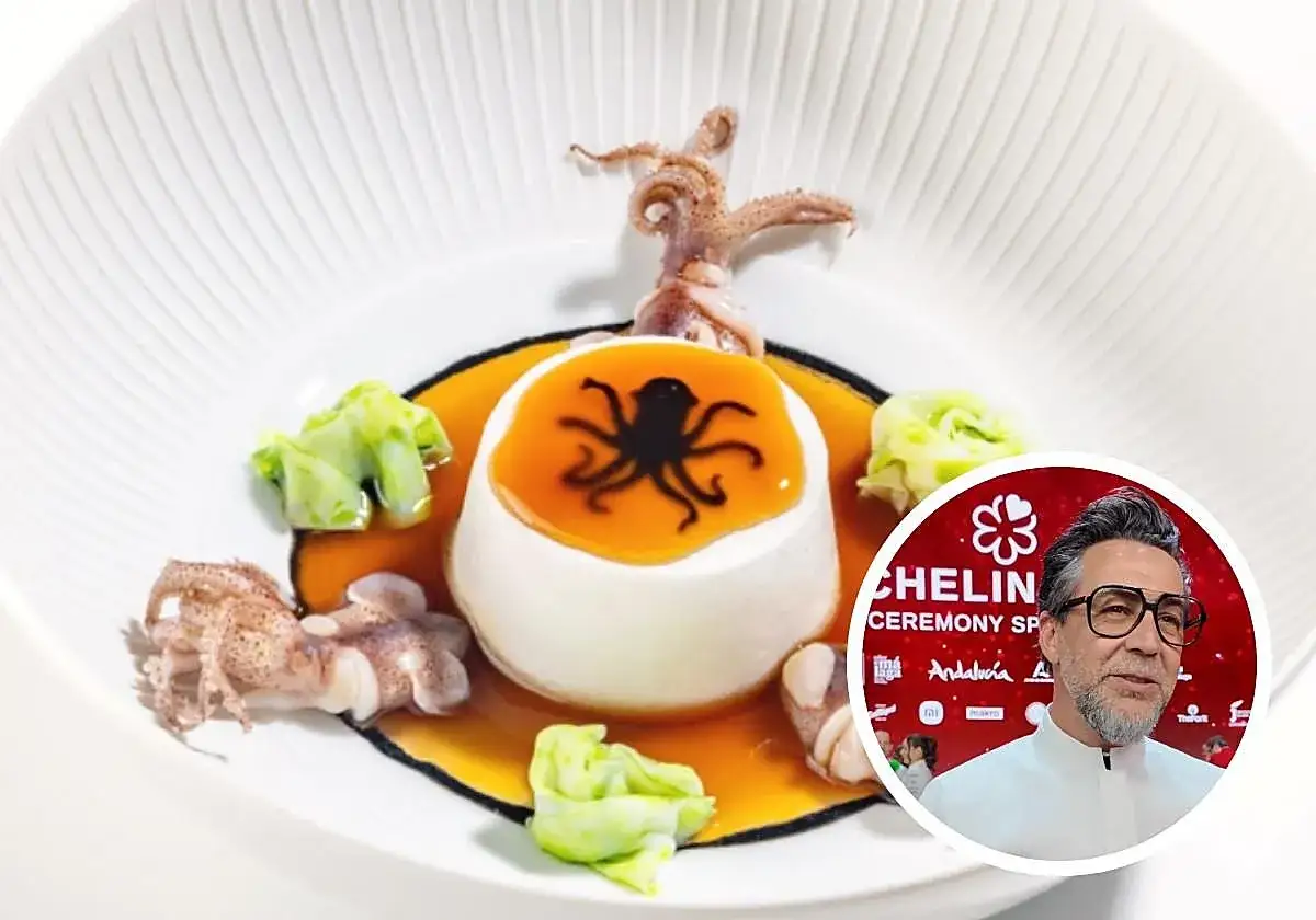 Un plato de calamares con una esfera blanca y un pulpo negro, digno de **platos estrella Michelin**.