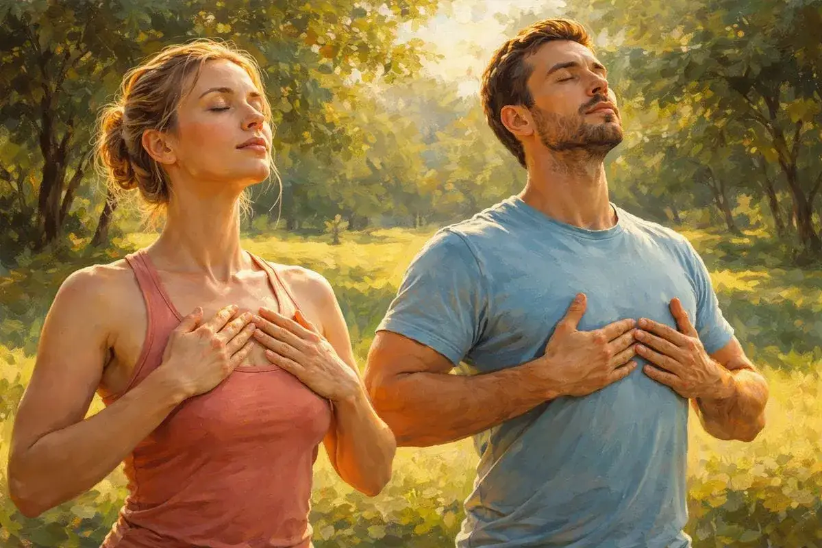 Coppia in meditazione all'aperto, mani sul cuore per la cura della labilità emotiva, immersi nella natura.