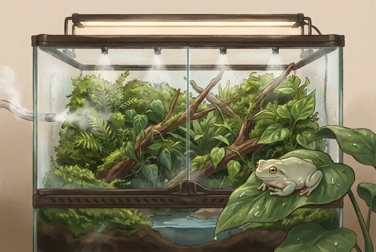 Jasna żaba domowa odpoczywa na liściu w wilgotnym terrarium pełnym zieleni i gałęzi.