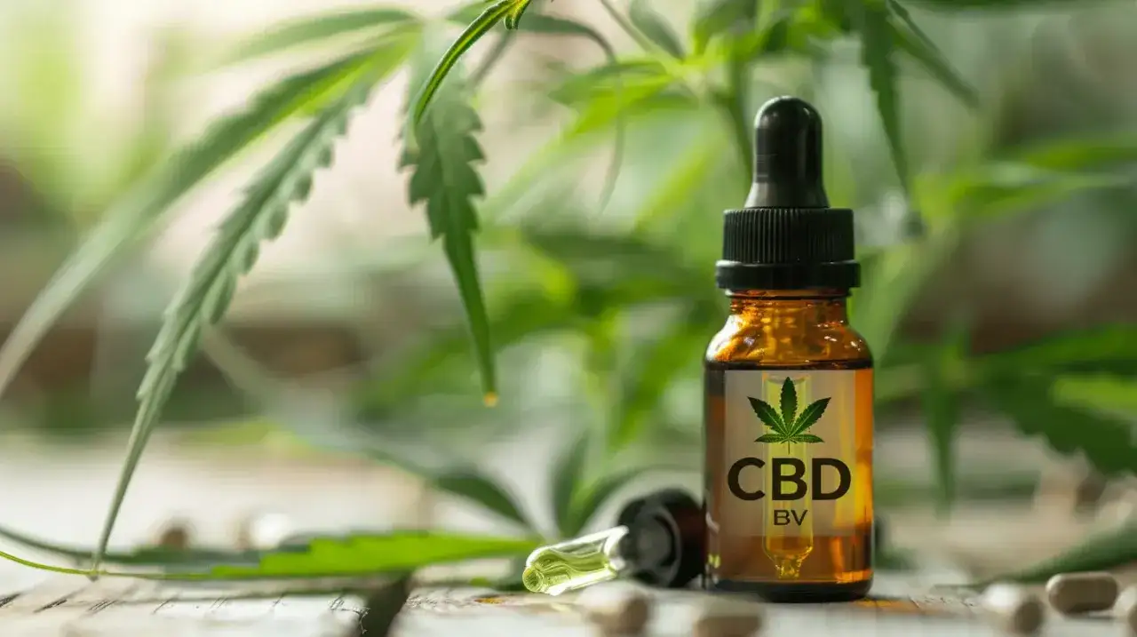 Olejek CBD w buteleczce z pipetą, otoczony liśćmi konopi. Wiele osób zastanawia się, czy CBD jest legalne.
