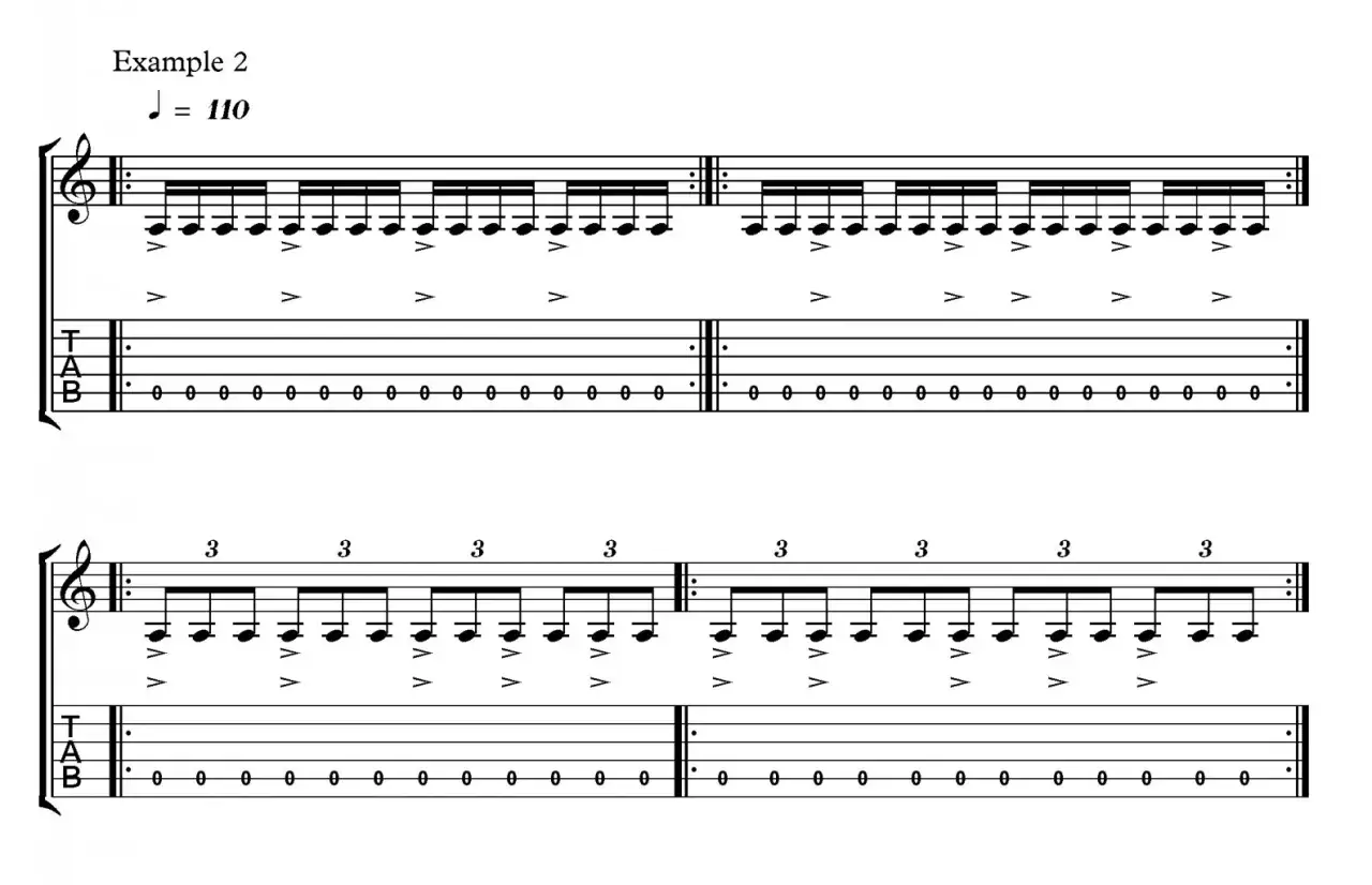Spartito musicale con indicazione di tempo J = 110. Mostra pattern ritmici per chitarra, con note e indicazioni di plettrata. Uno strumento per tenere il tempo.