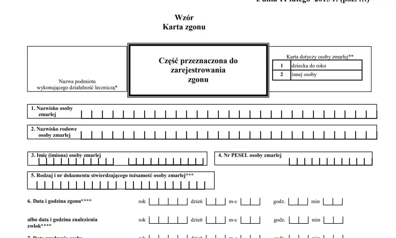 Wzór karty zgonu, gdzie sekcja jest obowiązkowa do wypełnienia. Zawiera pola na dane zmarłego, datę i godzinę zgonu.
